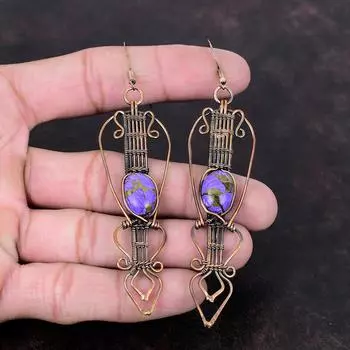 Серьги из медного чароита, серьги с драгоценными камнями, обернутые медной проволокой, серьги-подвески, ювелирные изделия из медной проволоки, серьги ручной работы, женские ювелирные изделия, подарок на помолвку