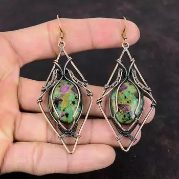 Серьги из медного рубина и цоизита, серьги из медной проволоки, серьги из натурального драгоценного камня, медные украшения, серьги ручной работы, проволочные украшения, подарок для нее