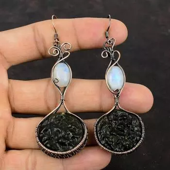 Серьги из молдавита, медные серьги, завернутые в проволоку, серьги с радужным лунным камнем, ювелирные изделия ручной работы, подарок для жены, ювелирные изделия из медной проволоки, серьги с драгоценными камнями