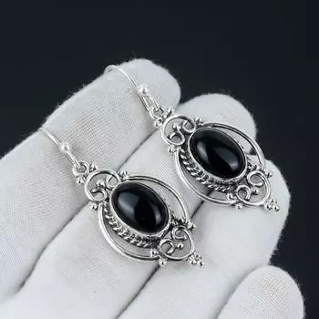 Серьги из натурального черного оникса, серебряные серьги из черного оникса, серьги с овальным камнем, серьги из стерлингового серебра 925 пробы, серьги с драгоценными камнями, серьги с подвесками 2.16 чёрный