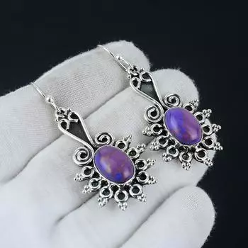 Серьги из натурального драгоценного камня с фиолетовой медью и бирюзой, овальные серьги, серьги из стерлингового серебра 925 пробы, серьги с бирюзовым камнем, женские серьги 2.36