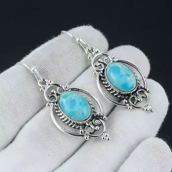 Серьги из натурального ларимара, серебряные серьги ларимар, серьги с овальным камнем ларимар, серьги из стерлингового серебра 925 пробы, серьги с драгоценными камнями, серьги с подвесками 2.16 синий