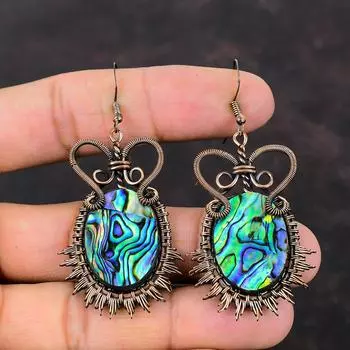 Серьги из раковины морского ушка с драгоценными камнями, серьги из медной проволоки, серьги ручной работы из ракушки морского ушка, ювелирные изделия, подарок для нее, висячие серьги, изящные медные украшения