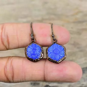 Серьги из резного синего оникса, медные серьги, изготовленные методом электроформовки, ювелирные изделия ручной работы, настоящие драгоценные камни, серьги из медной проволоки, подарок для женщин