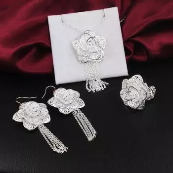 Серьги из серебра 925 пробы, ожерелья, кольца, комплекты ювелирных изделий для женщин, изысканный цветок, 18 дюймов, модная вечеринка, свадебный подарок для девушки, приятный подарок