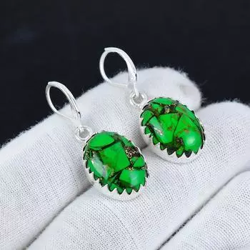 Серьги из серебра 925 пробы с зеленым медно-бирюзовым драгоценным камнем, серьги-подвески из серебра в стиле бохо, подарки для мамы, подарки для нее 2.16 зелёный