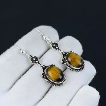 Серьги из серебра 925 пробы с драгоценным камнем тигровый глаз, серьги-подвески из серебра в стиле бохо, подарки на День святого Валентина, подарки для нее 2.16 коричневый