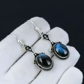 Серьги из серебра 925 пробы с драгоценным камнем лабрадорит, серьги-подвески из серебра в стиле бохо, подарки на День святого Валентина, подарки для нее 2.16 синий