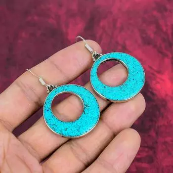 Серьги из серебра 925 пробы с бирюзой, тибетские серебряные серьги, серьги ручной работы, тибетские украшения, этнические непальские серьги, подарки для мамы 1.96 Inches синий