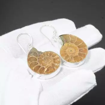 Серьги из стерлингового серебра 925 пробы с аммонитом, серьги из чистого серебра 925 пробы, серьги с аммонитом для женщин, драгоценный камень, серьги с аммонитом для нее 1.96 коричневый