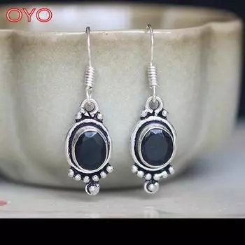 Серьги из стерлингового серебра 925 пробы с индийской ручной инкрустацией из натурального черного агата
