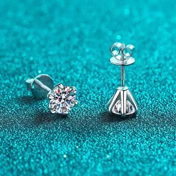Серьги из стерлингового серебра 925 пробы, женские серьги с винтами из камня Мосан с 6 когтями, покрытые золотом Pt950, ювелирные изделия для ушей A pair of 1 carat
