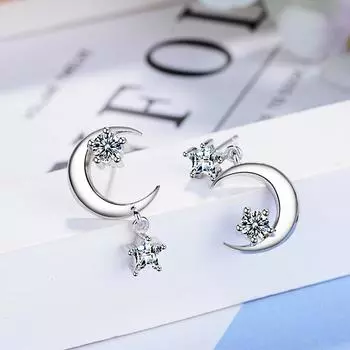Серьги из стерлингового серебра 925 пробы с асимметричными кисточками в виде звезды и луны из циркония для женщин S-E389