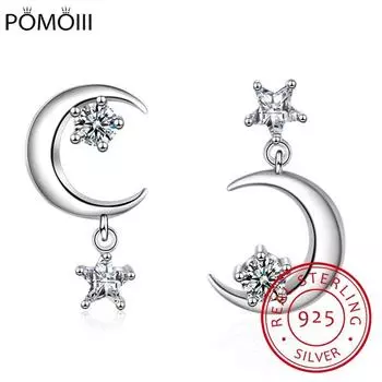 Серьги из стерлингового серебра 925 пробы с асимметричными кисточками в виде звезды и луны из циркония для женщин, серьги S -E389