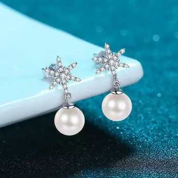 Серьги из стерлингового серебра 925 пробы, женские серьги со снежинками, 8 мм, пресноводный жемчуг, сломанный камень, серьги из моссана