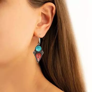 Серьги из тибетской бирюзы и коралла красного цвета в стиле непальского племени 12 г 1,5 1,6 массивный подарок