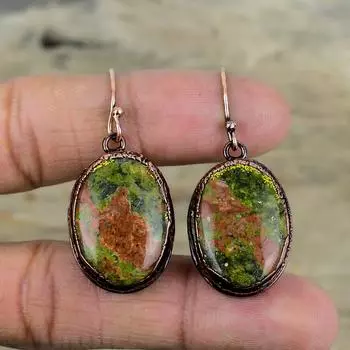 Серьги из унакита, медные серьги, изготовленные методом электроформовки, серьги из драгоценных камней ручной работы, ювелирные изделия из натурального унакита, серьги из меди для подарков