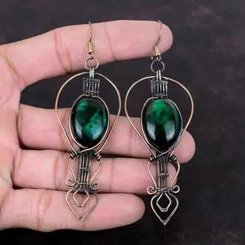 Серьги из зеленого огненного лабрадорита, серьги из медной проволоки, ювелирные изделия из лабрадорита и меди, изящные серьги из драгоценных камней, ювелирные изделия ручной работы, подарок для мамы