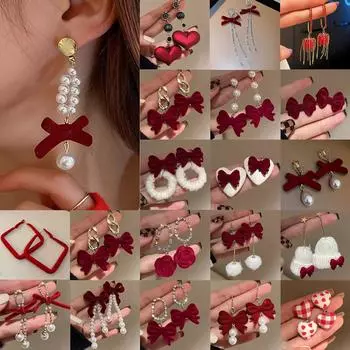 Серьги-капли с красным бантом для женщин, темпераментные серьги с сердечками и бантом для девочек, новогодние праздничные украшения