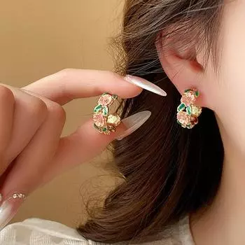 Серьги-капли в форме С в виде ветки розы для женщин, милые романтические французские глазурованные темпераментные креативные ювелирные украшения