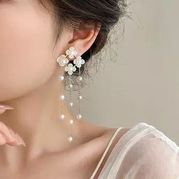 Серьги-кисточки в нишевом стиле, преувеличенно длинные, стройнящие лицо, жемчужные A0496-Super Fairy Pearl Flower Tassel