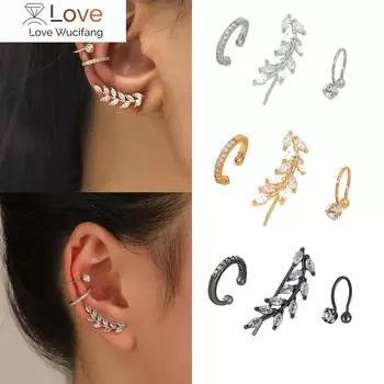 Серьги-клипсы из белого золота с листьями из циркония для женщин и мужчин, креативные простые серьги-каффы, не требующие пирсинга, комплект трендовых ювелирных изделий