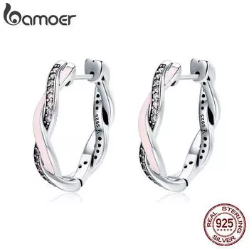 Серьги-кольца BAMOER из 100% стерлингового серебра 925 пробы, розовые и прозрачные CZ Twist Of Fate, модные серьги