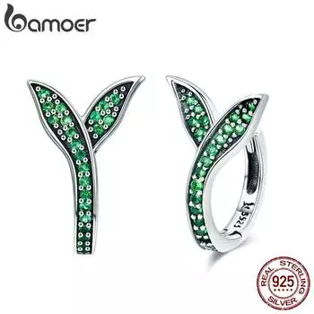 Серьги-кольца BAMOER из 100% стерлингового серебра 925 пробы, весенняя коллекция, цветочные бутоны, зеленые серьги-кольца с CZ SCE295