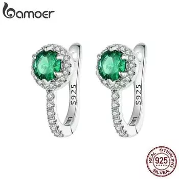 Серьги-кольца BAMOER с платиновым покрытием, зеленый кубический цирконий, стерлинговое серебро 925 пробы, элегантные круглые модные серьги-солитеры Huggie BSE942