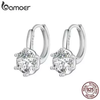 Серьги-кольца BAMOER с платиновым покрытием из стерлингового серебра 925 пробы с кубическим цирконием, маленькие круглые модные серьги-солитеры Huggie для женщин BSE941