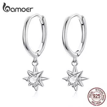 Серьги-кольца BAMOER с подвесками из настоящего стерлингового серебра 925 пробы с яркими звездами для женщин LCQ759
