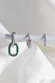 Серьги-кольца из 3-х частей Vip Collection серебряного цвета с зелеными камнями