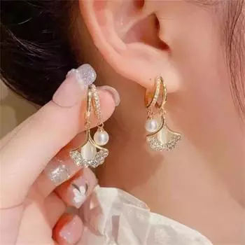 Серьги-кольца из гинкго с опаловым кристаллом и жемчугом для женщин, корейский креативный дизайн, темперамент, индивидуальность, ювелирные изделия, подарок девушке, Brincos золотой