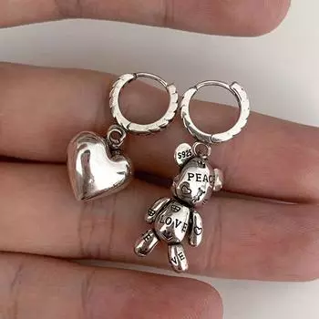 Серьги-кольца из стерлингового серебра 925 пробы, винтажные аксессуары, медведь, ЛЮБОВЬ, сердце, асимметричные вечерние украшения, подарок Brincos Eh683