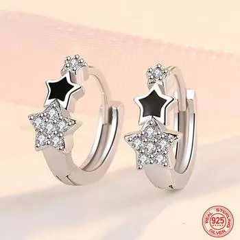 Серьги-кольца из стерлингового серебра 925 пробы с черными звездами и цирконием, женские очаровательные свадебные украшения, подарок на вечеринку