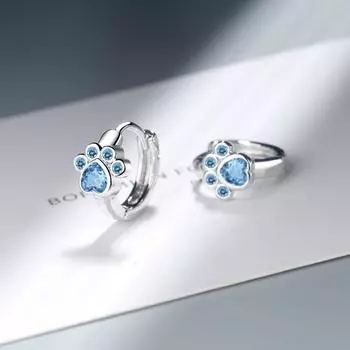 Серьги-кольца из стерлингового серебра 925 пробы с милыми кошачьими лапами, серьги с синим кубическим цирконом для девочек, минималистичный подарок, S-E1078