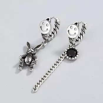 Серьги-кольца из тайского серебра 925 пробы с кисточками и длинной улыбкой, асимметричные серьги с кроликом и цирконием для женщин, украшения для ушей S-E1061