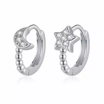 Серьги-кольца Moon Star Silver White Round Zirconie Custom, модные ювелирные изделия серебряный