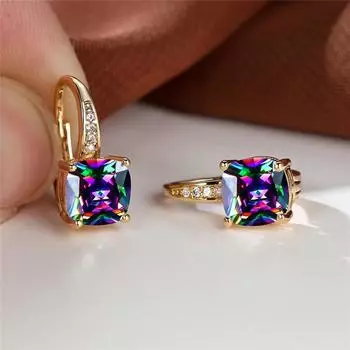 Серьги-кольца Mystic Rainbow Princess с огранкой камня для женщин, винтажные серьги золотого цвета для вечеринки и свадьбы аква голубой