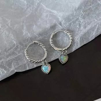 Серьги-кольца Qianjia S925 из стерлингового серебра с опаловым сердцем - Изысканные серьги-кольца с закруткой для женщин 925 Silver