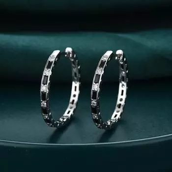 Серьги-кольца с черным камнем 27,5 мм для женщин