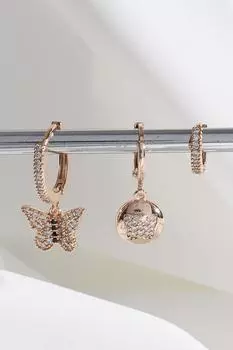 Серьги-кольца Vip Collection из трех частей золотого цвета с бабочкой
