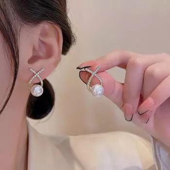 Серьги-крестики из серебра 925 пробы с бриллиантами и жемчугом — модный французский ретро-дизайн высокого класса для женщин A531 золотой