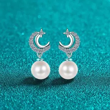 Серьги Mozang Diamond S925 с серебряным жемчугом, женские свежие и милые серьги со звездами и луной, модные серьги с милым темпераментом