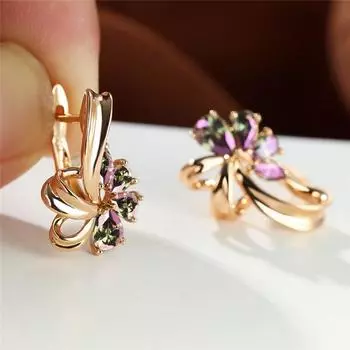 Серьги Mystic Rainbow Crystal Flower, винтажные серьги цвета розового золота, женские серьги-кольца из разноцветного циркония для женщин