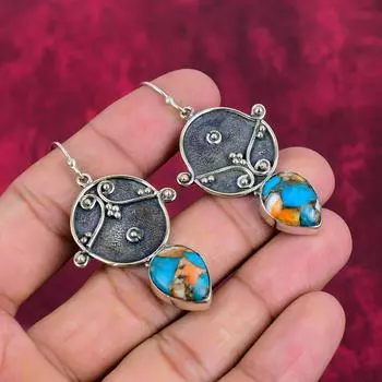 Серьги Orange Spiny Oyster, 925 пробы продано стерлингового серебра драгоценные камни ювелирные изделия, серьги ручной работы, удивительные ювелирные изделия, подарок для нее 2.24 Inches синий