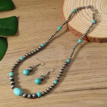 Серьги Ожерелье 2 предмета Модные Бирюзовые Бусины Женские Серьги Ожерелье