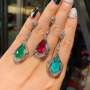 Серьги Параиба, серьги из изумрудно-красного корунда, модные серьги изумрудный