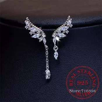Серьги-подвески из стерлингового серебра 925 пробы с асимметричными кристаллами и крыльями для женщин, модные ювелирные изделия, женские массивные серьги