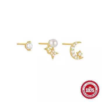 Серьги-пусеты из стерлингового серебра S925, маленькие, свежие, романтичные, в стиле мори, со звездами и луной, четырехконечные звезды, женские, нишевые, простые, набор из 3 штук 925 Silver